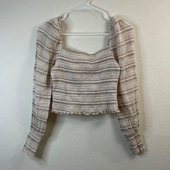 Striped Smocked Square Neck Crop Top With Long Balloon Sleeves In Neutral Stripe - Picture 2 of 13